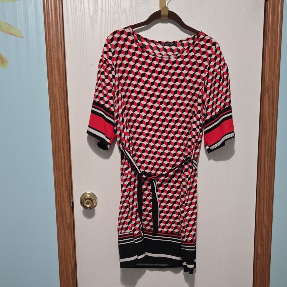 Geometric Red and Black Dress with Belt